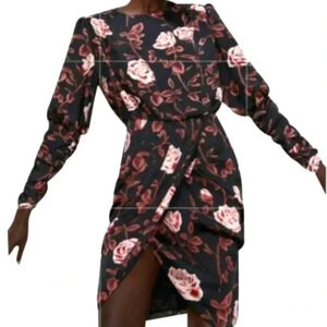 Zara Black With Pink Floral Print Wrapped Mini Dress